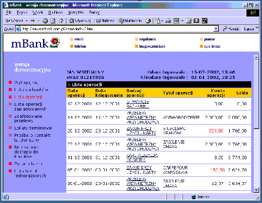 Lista operacji bankowych